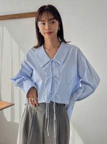 FRIFUL Women's Drop Shoulder Blouse With Front Lace Up Long Sleeve Top - Blue - View 3