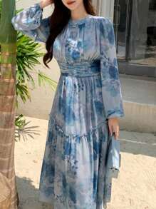 DAZY Vestido de manga larga ajustado a la cintura con estampado floral aleatorio y volantes para mujer