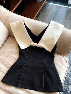 SHEIN Clasi Latest Spring And Summer Black Contrast Color Elegant Design Lapel Slimming Fashion Women Shirt