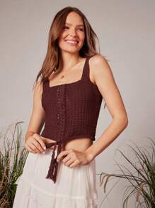 WESTFADE Square Neck Fitted Lace Up Bow Tie Front Tassel Trim Pointelle Knit Top Spring Summer Vacation - Brown - View 4