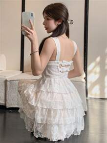 DAZY Abito a balze con inserti in pizzo e rete, arricciatura in vita, per donne in estate. Abito a balze da festa, abito da sole, outfit da club per donne