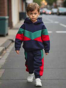 SHEIN 2 peças/conjunto de moletom com capuz e calças casuais para meninos, moda simples, prática, fofa, macia, grossa e quente, adequado para roupas infantis de volta às aulas, roupas escolares para meninos, adequadas para o dia a dia, escola, atividades ao ar livre, esportes, temporada outono/inverno - Azul Real - Ver 4