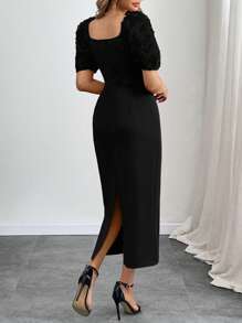 Elenzga Women's Elegant Square Neck Party Romantic Rose 3D Flower Puff Sleeve Pearl Decor Waist Fitted Midi Dress, Spring/Summer - Black - View 4