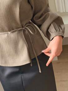 DAZY 女士纯色圆领泡泡袖通勤衬衫亚麻长袖上衣 - 棕色 - 查看 4