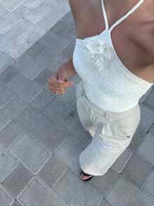 INAWLY Vacation Casual Solid Color Textured 3D Floral Decor Halter Neck Top - White - View 3