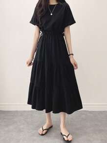DAZY Solid Drawstring Waist Layered Hem Dress,Ladies Casual Drawstring,Ruffle Hem Short Sleeve Round Neck Regular Fit Long Black Roll Up Sleeve Plain A Line Women Long Dresses,Spring/Summer,Casual Daily Wear Sundress