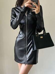 DAZY 女士时尚秋季短款 PU 紧身连衣裙、迷你连衣裙 - 黑色 - 查看 1