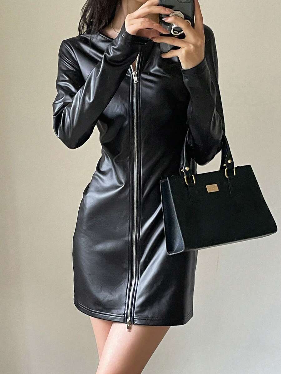 DAZY 女士时尚秋季短款 PU 紧身连衣裙、迷你连衣裙 - 黑色 - 查看 1