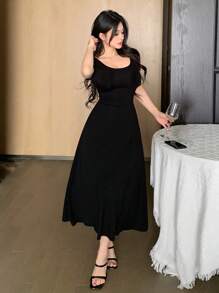 DAZY 纯色露背蝴蝶结中长连衣裙，女士舞会礼服，优雅太阳裙 - 黑色 - 查看 4