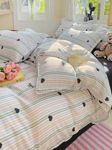 3pcs Minimalist Solid Color & Heart Multicolor Line Print Duvet Cover Set (1 Duvet Cover + 2 Pillowcases, Without Inserts), Soft & Comfortable, Machine Washable