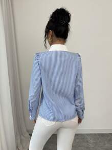 Chiquease Button Placket Polo Collar Blue & White Striped Long Sleeve Shirt For Women, Loose Fit Fashion Design Fall Cloth For Women - Blue - View 2