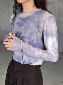 FRIFUL Women's Tie-Dye Multicolor Mesh Contrast Casual Blouse Long Sleeve Women Tops - Multicolor - View 7