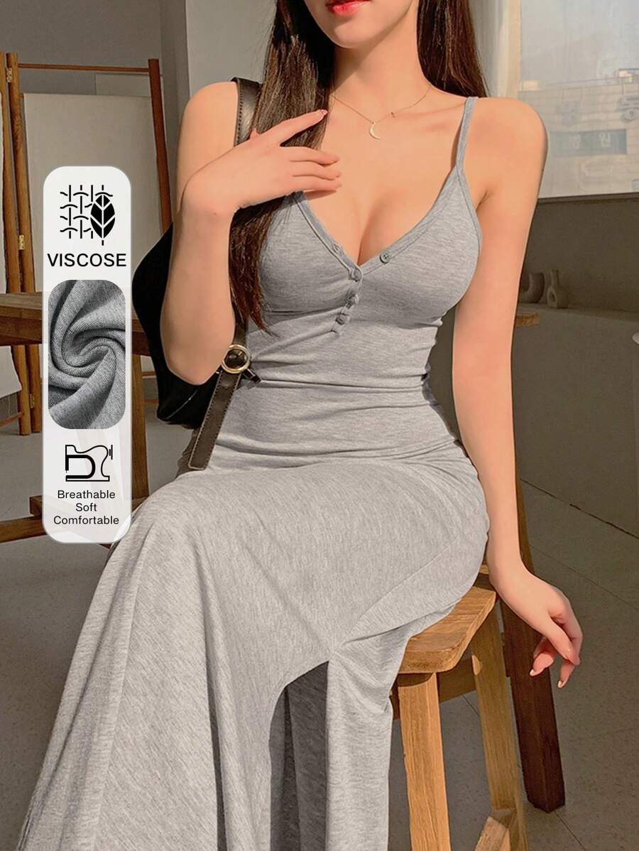 DAZY 女士吊带收腰长款修身连衣裙，返校季服装，及地长裙 - 灰色 - 查看 1