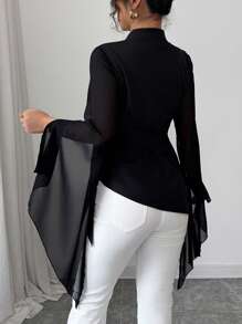 Elenzga 优雅通勤法式不对称袖设计腰部包裹雪纺黑色衬衫 - 黑色 - 查看 2