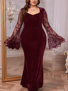 SHEIN Privé 大码天鹅绒拼色蕾丝荷叶边袖美人鱼下摆长裙