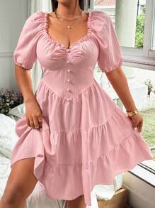 Flirla 大码女式 V 领荷叶边纽扣条纹提花 A 字形齐膝休闲优雅复古连衣裙，适合度假 - 粉色 - 查看 6