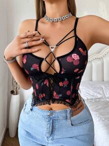 1 buah Bra Seksi Wanita Motif Bunga dengan Panel Jala dan Tali di Depan - MultiWarna - View 4