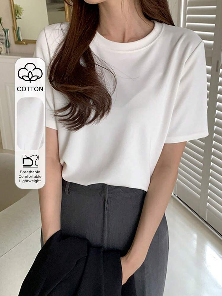 Solid Color Round Neck Short Sleeve T-Shirt,Business Casual Women