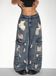 SHEIN ICON Ladies" Fashionable Personalized Jeans With Distressed Details - Blue - View 1