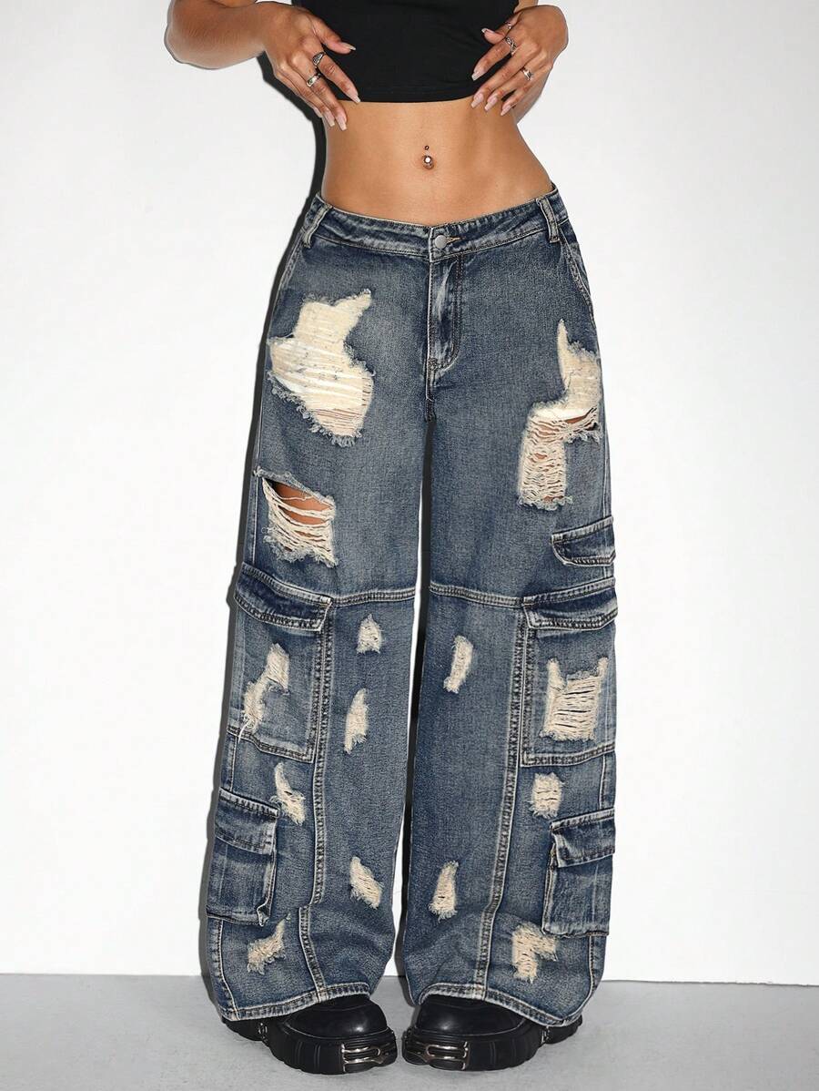 SHEIN ICON Ladies" Fashionable Personalized Jeans With Distressed Details - Blue - View 1