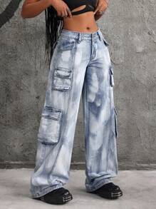 SHEIN ICON Quần Jeans Denim Ống Rộng Túi Hộp Thường Ngày Cho Nữ - Màu xanh lam - Xem 6