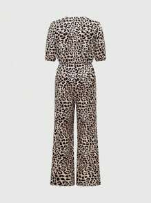 INAWLY Women's Summer Leopard Print Front Tie Puff Sleeve Loose Romper - Khaki - View 2