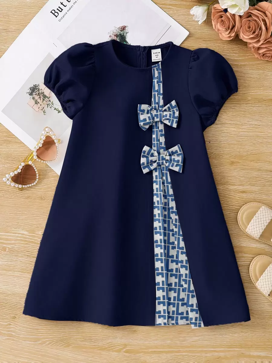 Vestido jumper de niña joven con parches de unicolor tejido y decoración de lazo a cuadros - Azul - Ver 1