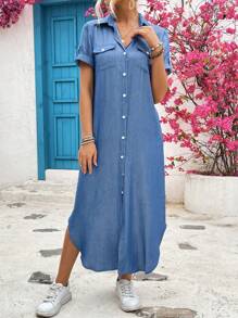 EMERY ROSE Ladies' Summer Denim Effect Fabric Long Shirt Dress Maxi Women Outfit - Baby Blue - View 3