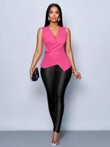 SOLERSUN Spring And Summer Women's Blazer Vest Elegant Commuting Business Casual Waist Wrap Top Rose Red Coat Hot Pink Tops Women - Hot Pink - View 6