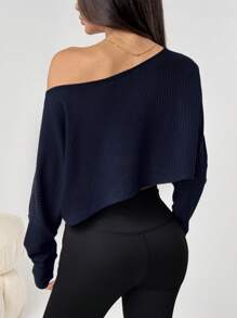 Flirla Petite Áo thun dài tay rộng rãi, giản dị, vai trễ, không đối xứng, vải jacquard có họa tiết, phong cách tối giản cơ bản, mặc hàng ngày - Màu xanh hải quân - Xem 2