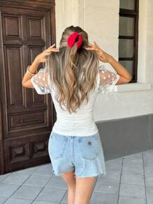 Chiquease Women Sexy V-Neck White Mesh Lace Patchwork Asymmetrical Stripe Slim Fit T-Shirt - White - View 2