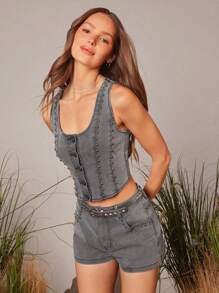 WESTFADE 西部牛仔女铆钉圆领前纽扣无袖修身牛仔背心春假可爱上衣 - 深灰色 - 查看 3