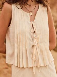 Aralina 无袖夏季度假褶裥前系带沙滩上衣 - 黃色 - 查看 3