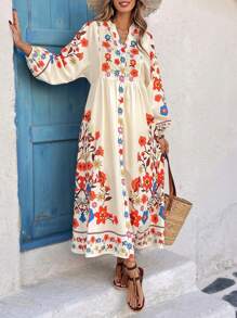 Breezaya Vestito svasato oversize con scollo a V, stampa floreale digitale, da donna, elegante e alla moda, adatto per primavera/estate - Albicocca - Visualizzare 4