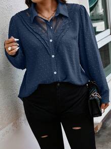 Calvaya Plus Size Dames Contrast Kant Lange Mouw Enkelrijgs Casual Shirt