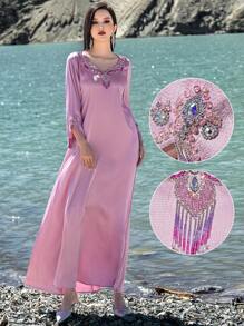 Layrah 休闲优雅长袖长裙，简约风格，适合日常穿着，卡夫坦和贾拉比亚，女士奢华晚礼服，端庄 - 粉色 - 查看 1