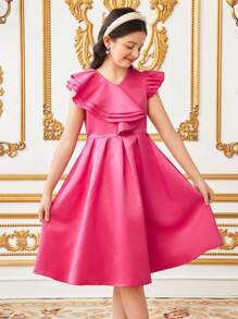 Tween Girls' Elegant Vintage Palace Style Layered Ruffle V-Neck Dress, Ramadan - Hot Pink - View 2