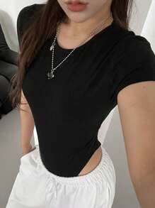 DAZY Women's Summer Solid Color Slim Fit Round Neck Short Sleeve Bodysuit For Wearing As Underwear Or Alone