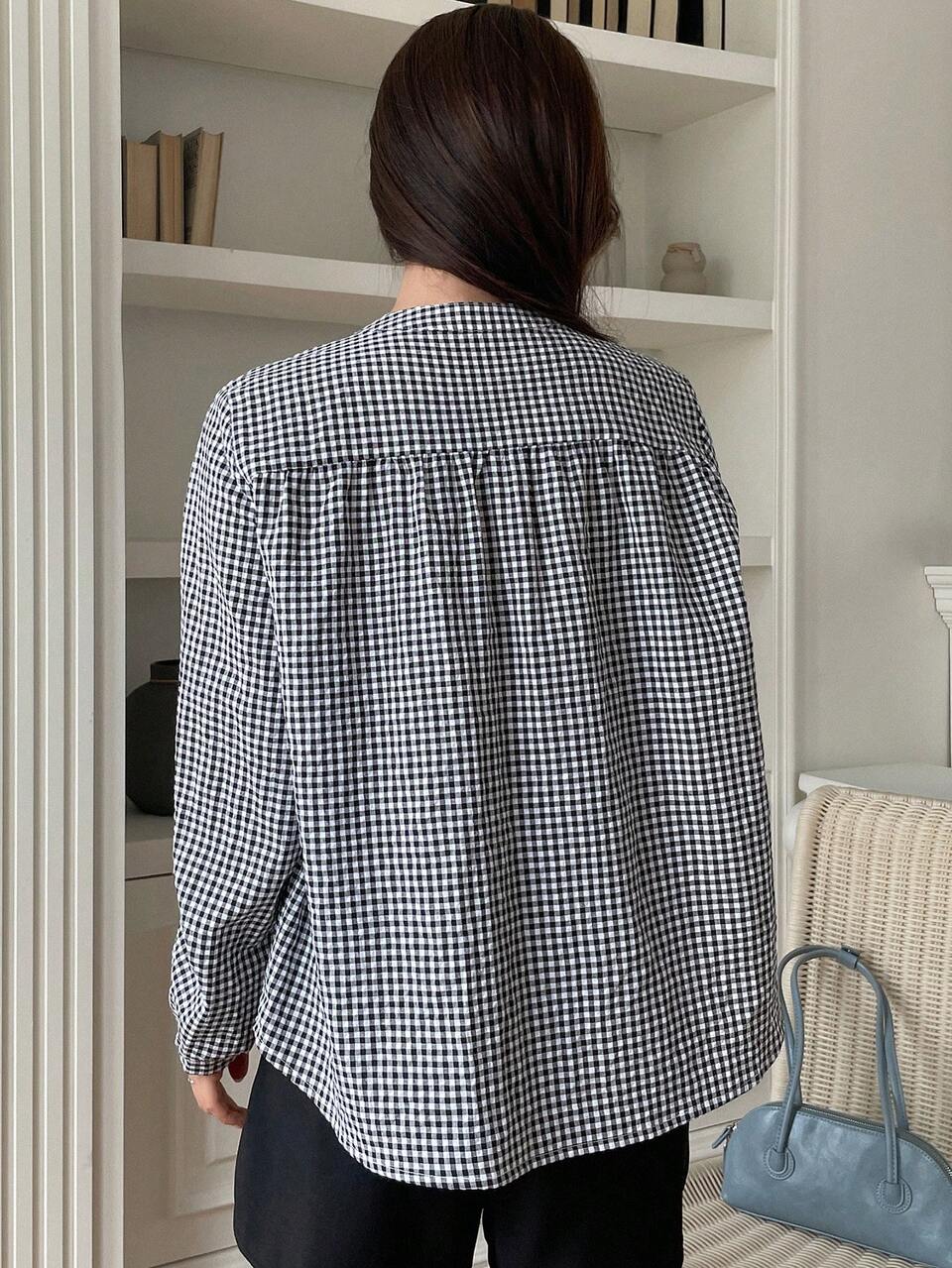 Gingham Print Button Front Shirt,Long Sleeve Tops