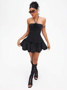 SHEIN ICON 街头风格花卉印花细肩带褶皱女式牛仔迷你连衣裙 - 黑色 - 查看 3