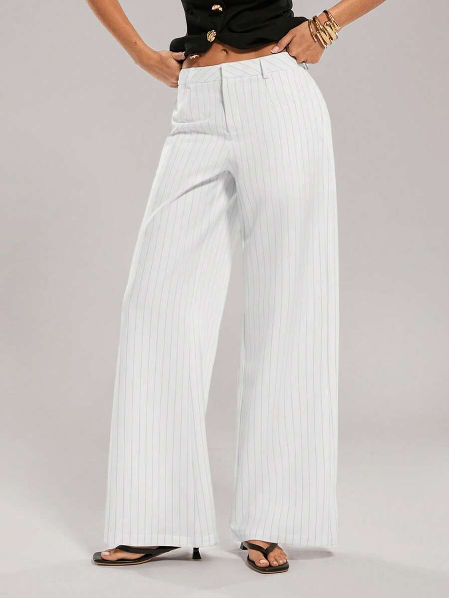 SHEIN Forever 21 Quần ống rộng kẻ sọc đen trắng mùa xuân mới cho nữ công sở/thường ngày - trắng - Xem 1