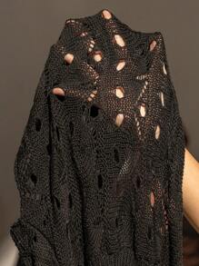 SHEIN Swim Lushore Plus Size Women's Elegant Vacation New Knit All-Black Hollow Front And Back Deep V-Neck Bikini Cover-Up Swimsuit - Black - View 7