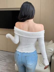 DAZY Camiseta ajustada de manga larga y hombros descubiertos con textura suave, ropa de otoño con tops lindos - Blanco - Ver 3