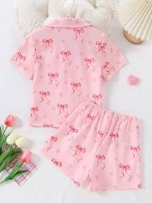 Set de 2 piezas de pijama informal para niña joven con cardigan de manga corta con decoración de lazo rosa y shorts