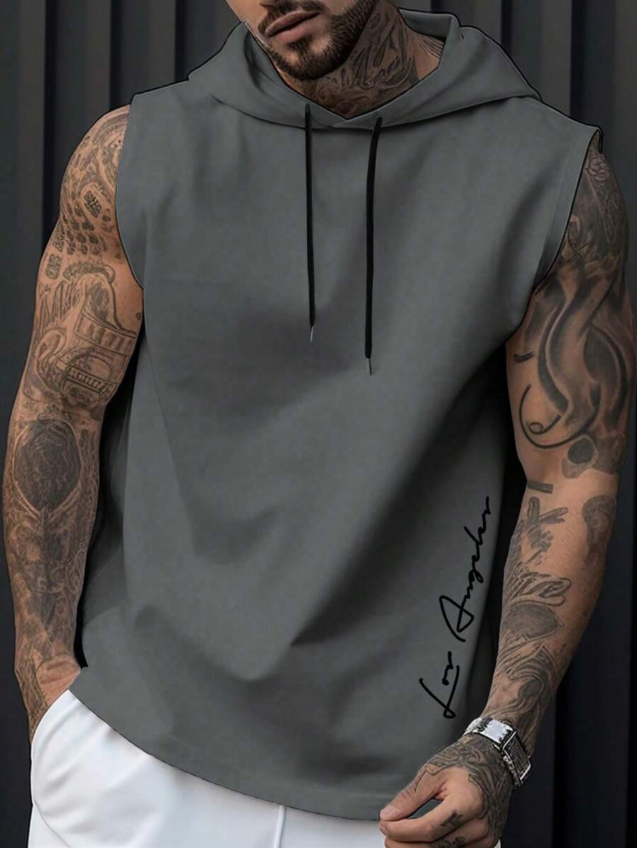 Manfinity Homme Men's Casual Letter Print Drawstring Hoodie Top Sleeveless Hoodie - Dark Grey - View 1
