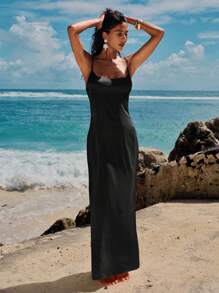 Opulessa 1 件女士纯色编织露背超长吊带裙，女士度假装 - 黑色 - 查看 4