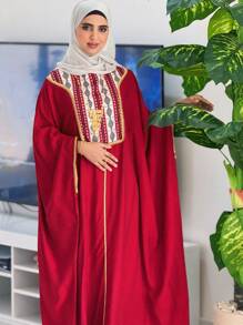 Al Najma Women's National Flower Patchwork Shoulder Sleeve Kaftan & Traditional Long Dress, Modest - Burgundy - View 3