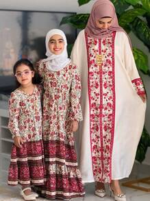 Al Najma 传统土耳其和阿拉伯长袍，正面和袖口有花卉刺绣，朴素 - 彩色 - 查看 3