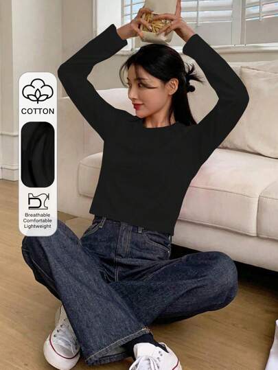 DAZY Women's Solid Black Round Neck Long Sleeve T-Shirt, Versatile For Spring/Summer Preppy Tops