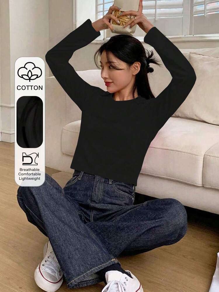 Women's Solid Black Round Neck Long Sleeve T-Shirt, Versatile For Spring/Summer Preppy Tops